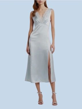 New Open Edit Blue Air Lace Trimmed Satin Slip Dress Size Large